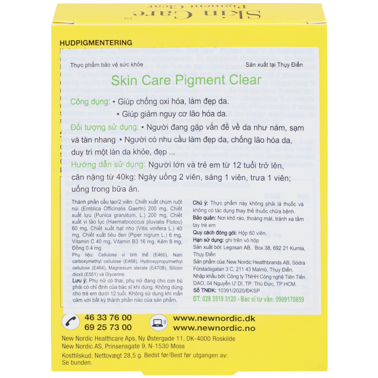 Thực phẩm bảo vệ sức khỏe Skin Care Pigment Clear giảm các vết thâm nám, sạm, tàn nhang (60 viên)