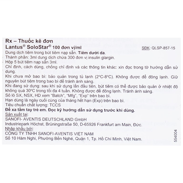 Bút tiêm Lantus SoloStar 100 Units/ml điều trị đái tháo đường (5 cây x 3ml)