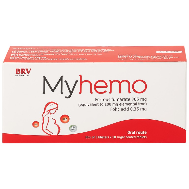 Thuốc Myhemo BRV điều trị dự phòng thiếu sắt và folic acid trong khi mang thai (3 vỉ x 10 viên)