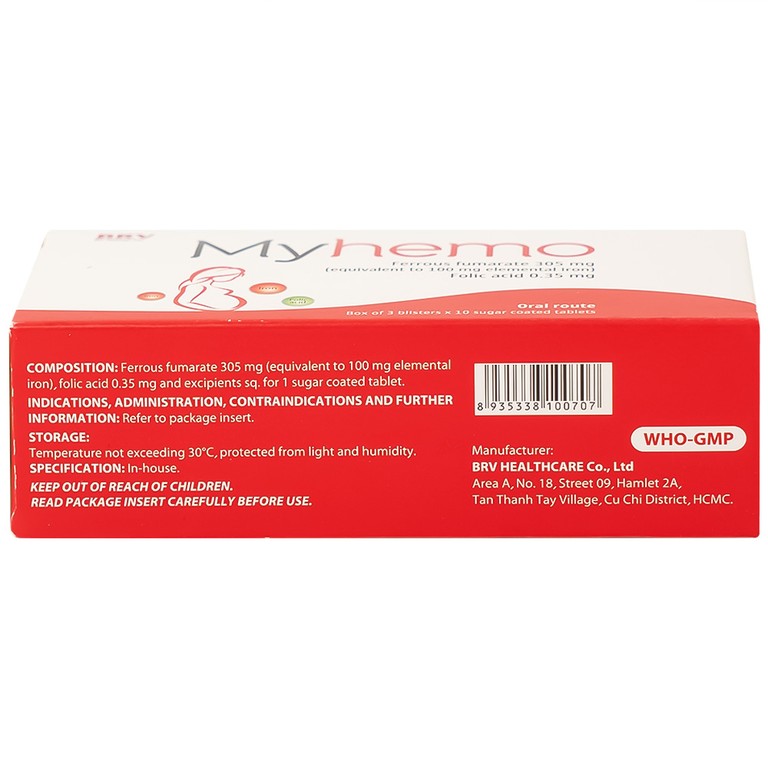 Thuốc Myhemo BRV điều trị dự phòng thiếu sắt và folic acid trong khi mang thai (3 vỉ x 10 viên)