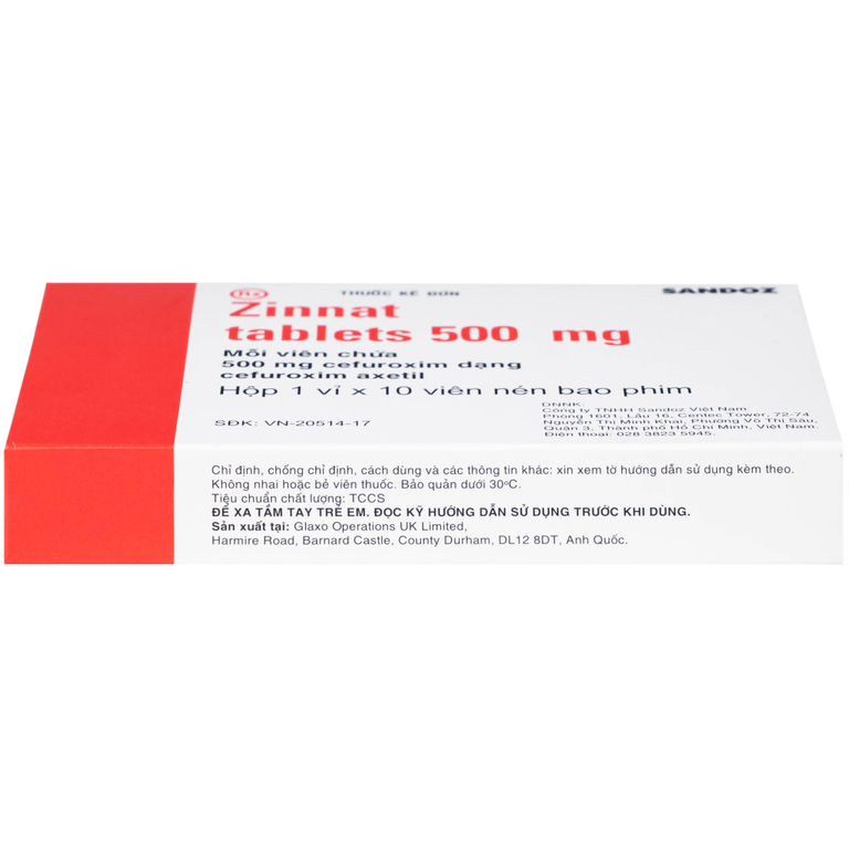 Thuốc Zinnat tablets 500mg Sandoz điều trị những nhiễm khuẩn do vi khuẩn nhạy cảm gây ra (1 vỉ x 10 viên)