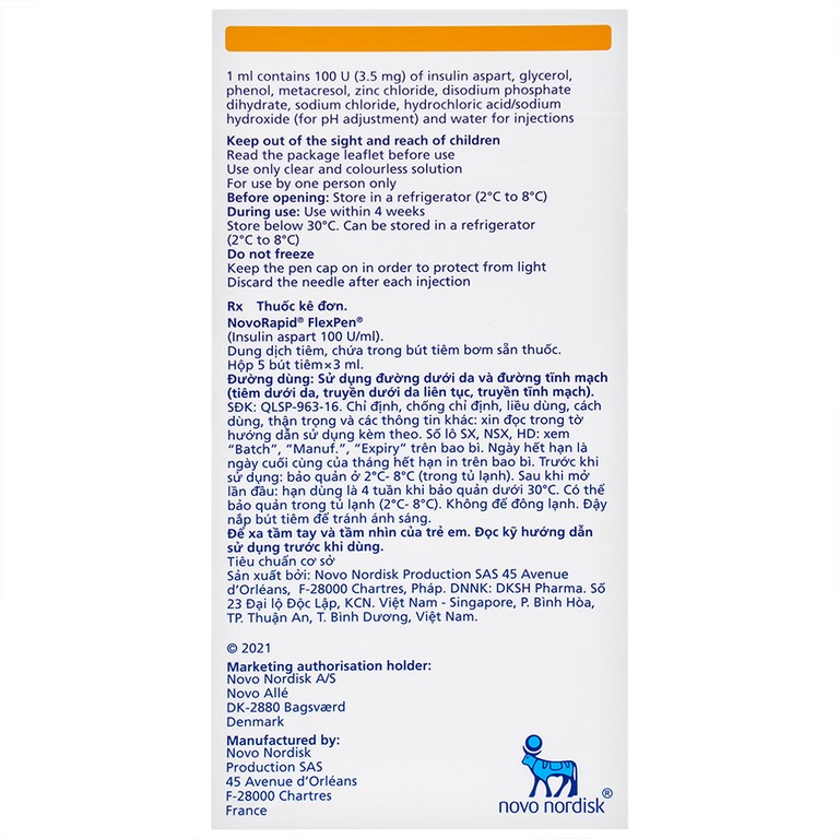 Bút tiêm Novorapid FlexPen 100U/ml Novo Nordisk kiểm soát đường huyết (5 cây x 3ml)