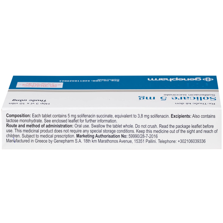 Thuốc Solicare 5mg Genepharm điều trị tiểu không kiểm soát do bàng quang kích thích (3 vỉ x 10 viên)