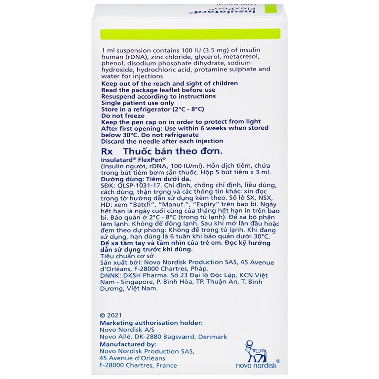Bút tiêm Insulatard FlexPen 100IU/ml Novo Nordisk điều trị bệnh đái tháo đường (5 cây)
