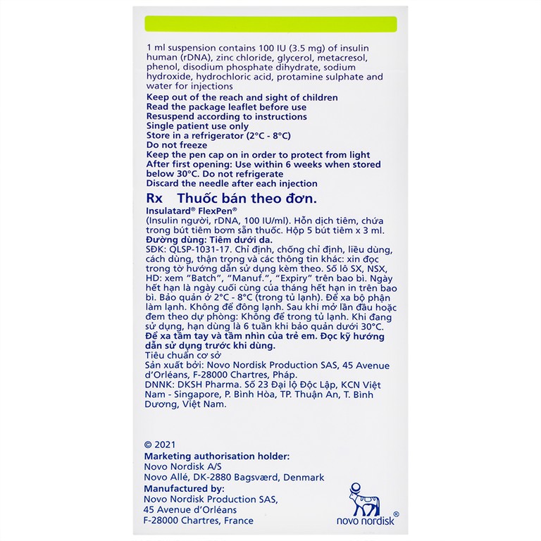 Bút tiêm Insulatard FlexPen 100IU/ml Novo Nordisk điều trị bệnh đái tháo đường (5 cây)