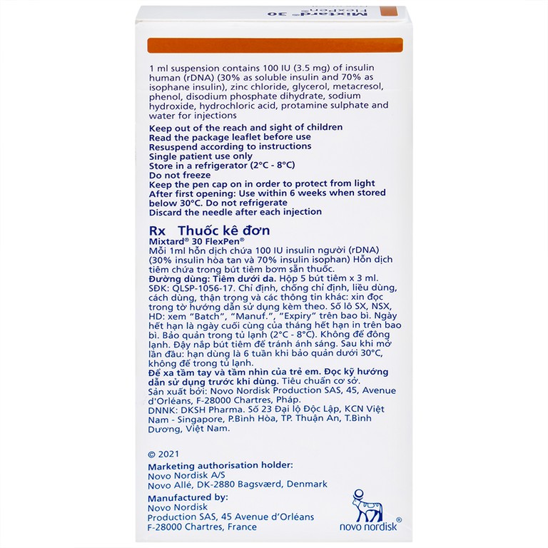 Bút tiêm Mixtard 30 Flexpen 100 IU/ml Novo Nordisk điều trị bệnh đái tháo đường (5 cây x 3ml)