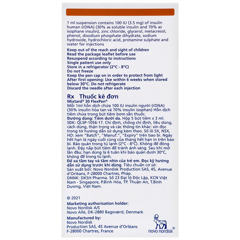 Bút tiêm Mixtard 30 Flexpen 100 IU/ml Novo Nordisk điều trị bệnh đái tháo đường (5 cây x 3ml)