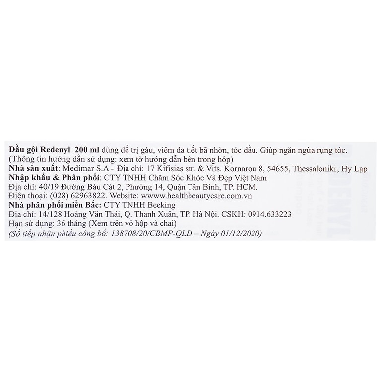 Dầu gội Redenyl Medimar chống rụng, kích thích mọc tóc (200ml)