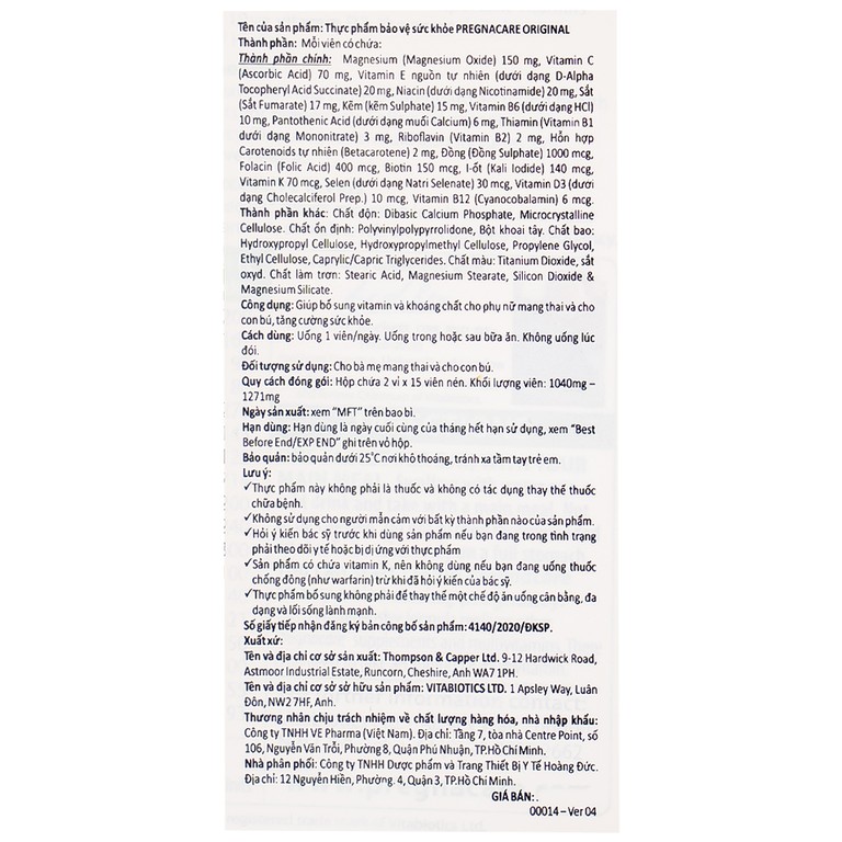 Thực phẩm bảo vệ sức khoẻ Pregnacare Original Vitabiotics giúp bổ sung vitamin, khoáng chất cho phụ nữ mang thai và cho con bú (2 vỉ x 15 viên)