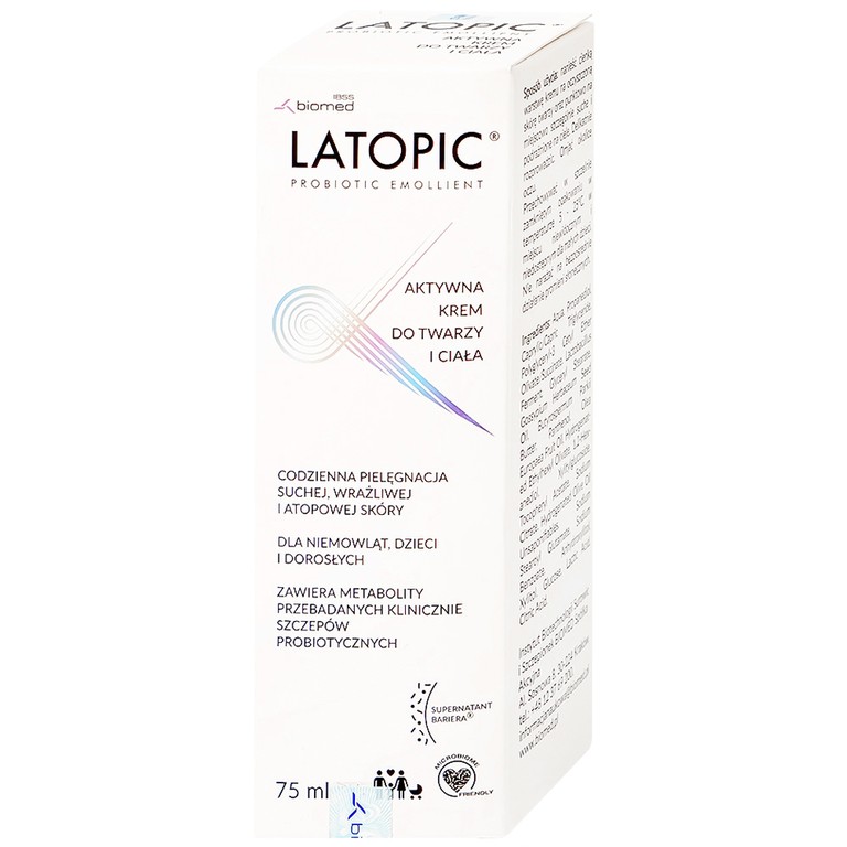 Kem bôi Latopic Probiotic Emollient Active Face and Body Cream dưỡng ẩm, dịu ngứa cho da dị ứng/kích ứng (75ml)