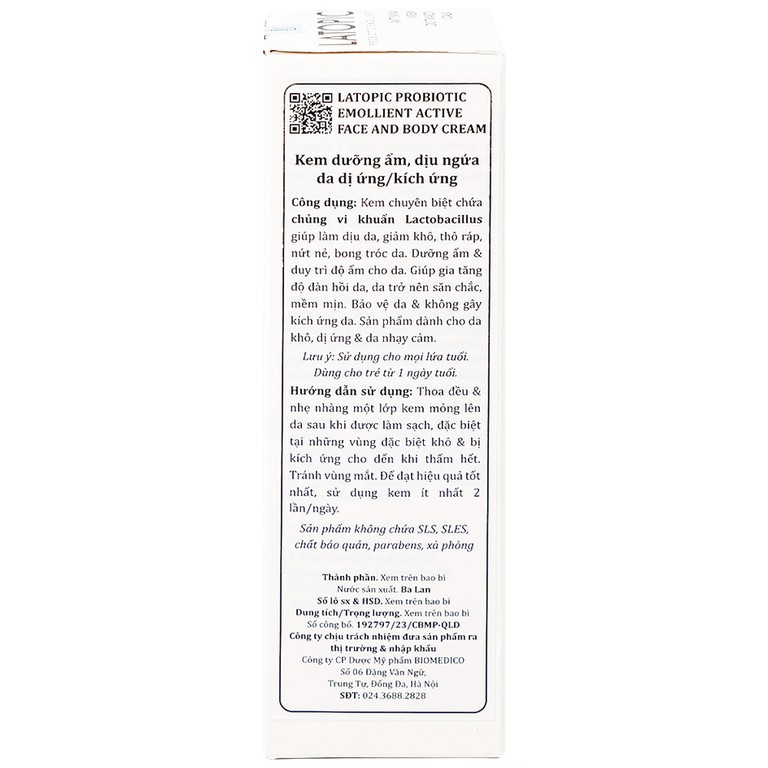 Kem bôi Latopic Probiotic Emollient Active Face and Body Cream dưỡng ẩm, dịu ngứa cho da dị ứng/kích ứng (75ml)