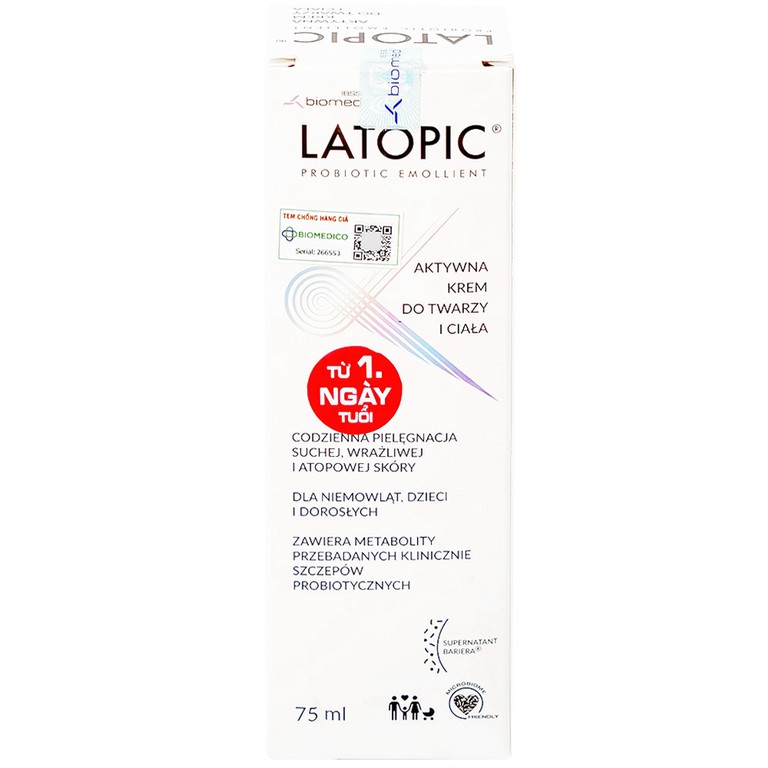 Kem bôi Latopic Probiotic Emollient Active Face and Body Cream dưỡng ẩm, dịu ngứa cho da dị ứng/kích ứng (75ml)