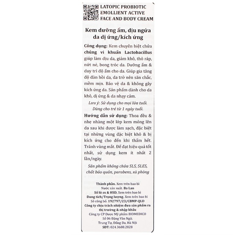 Kem bôi Latopic Probiotic Emollient Active Face and Body Cream dưỡng ẩm, dịu ngứa cho da dị ứng/kích ứng (75ml)