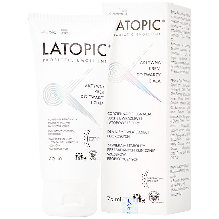 Kem bôi Latopic Probiotic Emollient Active Face and Body Cream dưỡng ẩm, dịu ngứa cho da dị ứng/kích ứng (75ml)