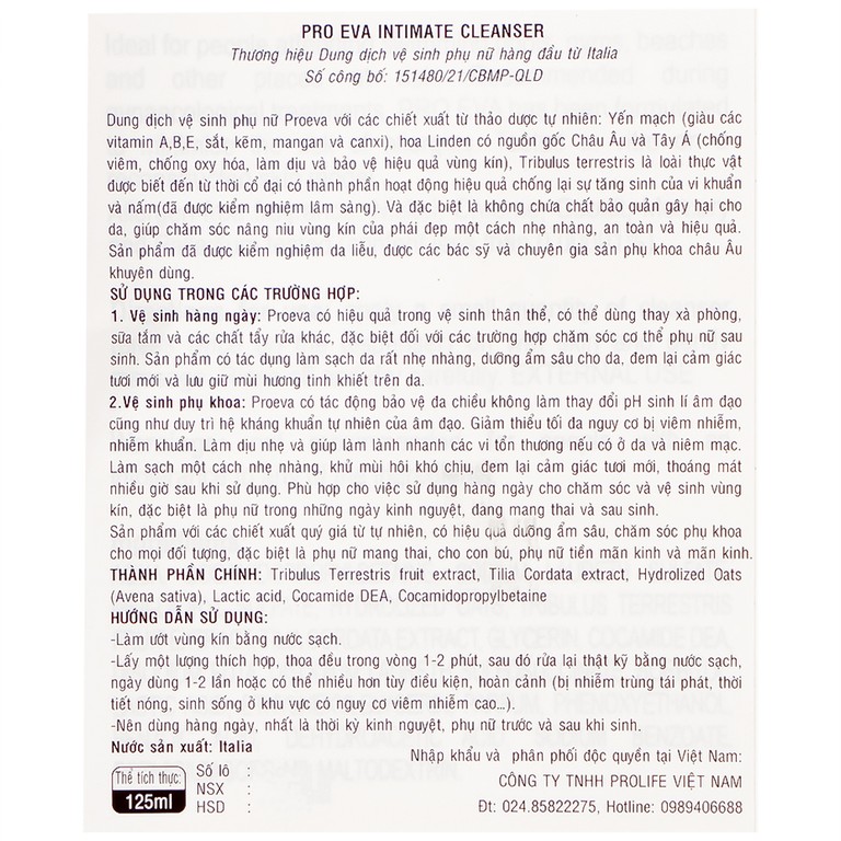 Dung dịch vệ sinh phụ nữ Proeva Intimate Cleanser dịu nhẹ, an toàn cho vùng kín (125ml)