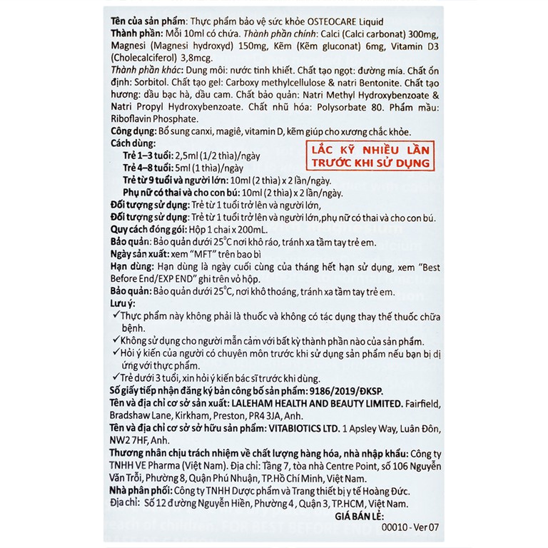 Dung dịch Osteocare Liquid Vitabiotics bổ sung canxi, magiê, vitamin D, kẽm giúp xương chắc khỏe (200ml)