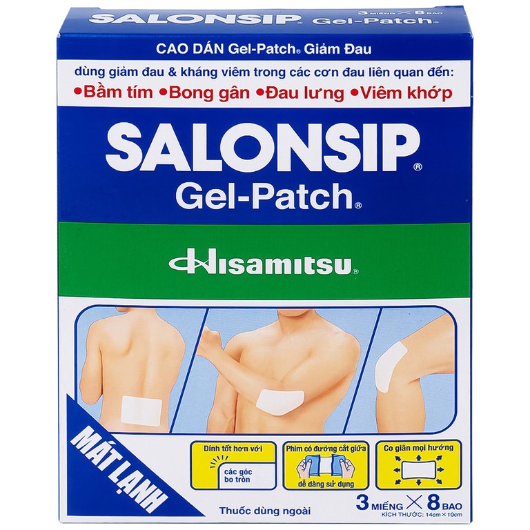 Cao dán Salonsip Gel - Patch Hisamitsu giảm đau, kháng viêm do mỏi cơ, đau cơ (8 gói x 3 miếng)