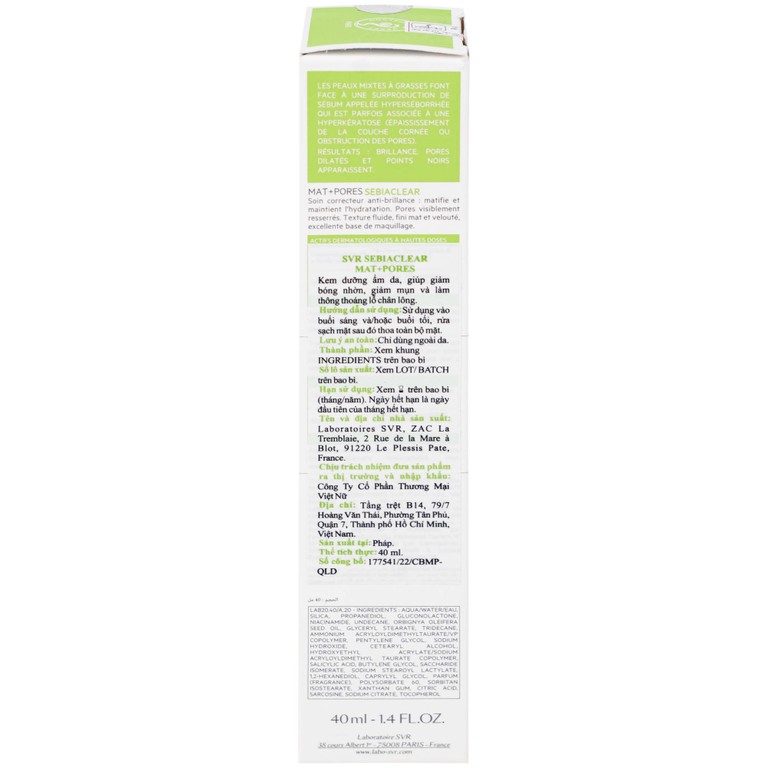 Kem SVR Sebiaclear Mat And Pores điều hòa bã nhờn, dưỡng ẩm, thu nhỏ lỗ chân lông (40ml)