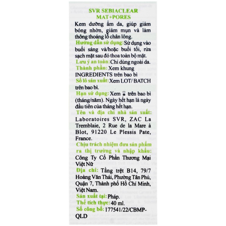 Kem SVR Sebiaclear Mat And Pores điều hòa bã nhờn, dưỡng ẩm, thu nhỏ lỗ chân lông (40ml)