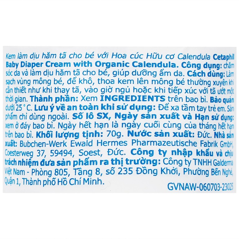Kem bôi hăm cho bé Cetaphil Diaper Cream Calendula dịu nhẹ và phục hồi cho da (70g)