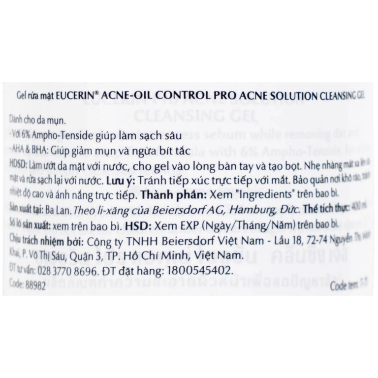 Gel rửa mặt Eucerin Pro Acne Cleansing Gel dành cho da nhờn, mụn (400ml)