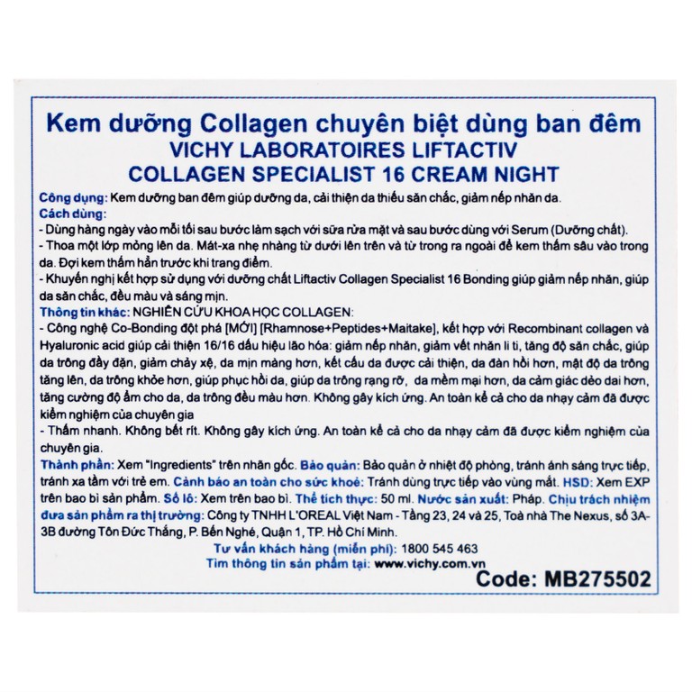Kem bôi Vichy Liftactiv Collagen Specialist Night dưỡng sáng, ngừa lão hóa (50ml)