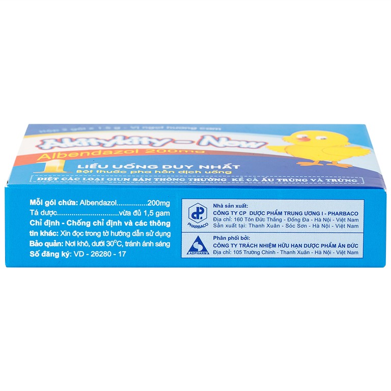 Hỗn dịch uống Akitykity-New 200mg Pharbaco vị ngọt hương cam diệt các loại giun sán, ấu trùng và trứng (2 gói x 1.5g)