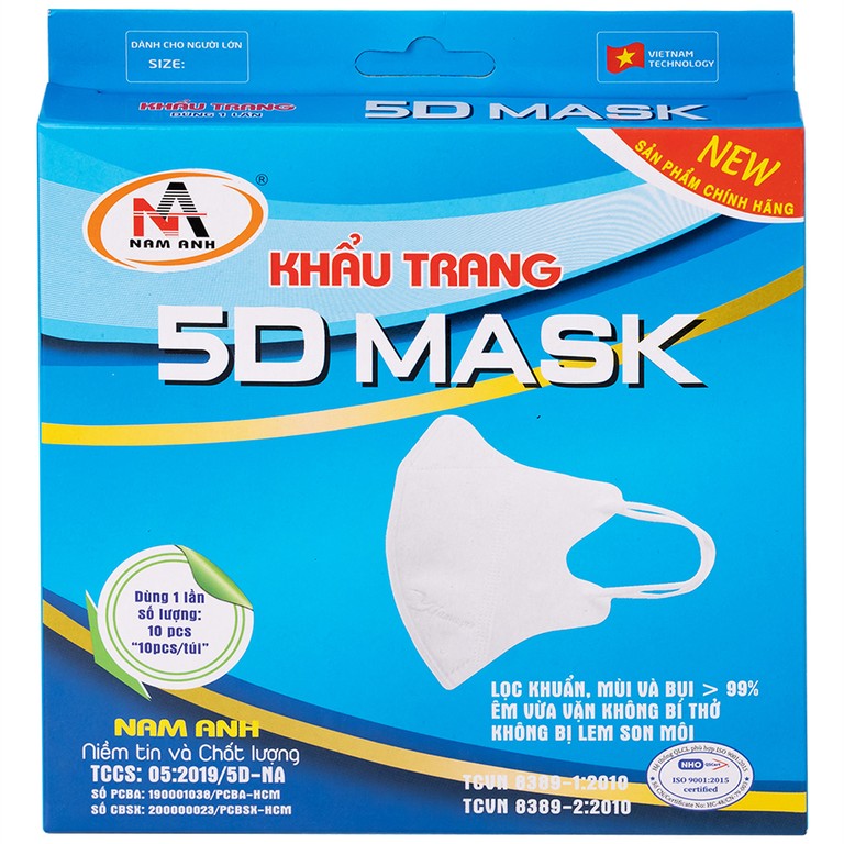 Khẩu trang 5D Mask Nam Anh lọc khuẩn, mùi và bụi trên 99% (10 cái)