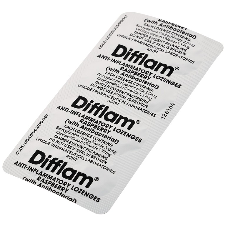 Viên ngậm kháng viêm Difflam vị quả mâm xôi Unique Pharma hỗ trợ điều trị viêm amidan, đau họng (1 vỉ x 8 viên)