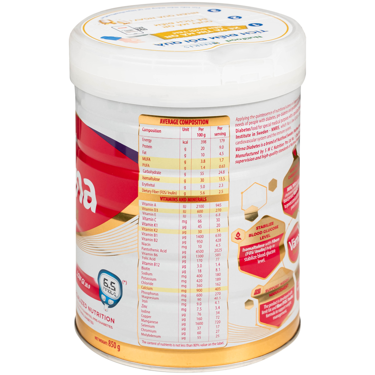 Sữa Nutifood Varna Diabetes chứa công thức dinh dưỡng cho người đái tháo đường (850g)