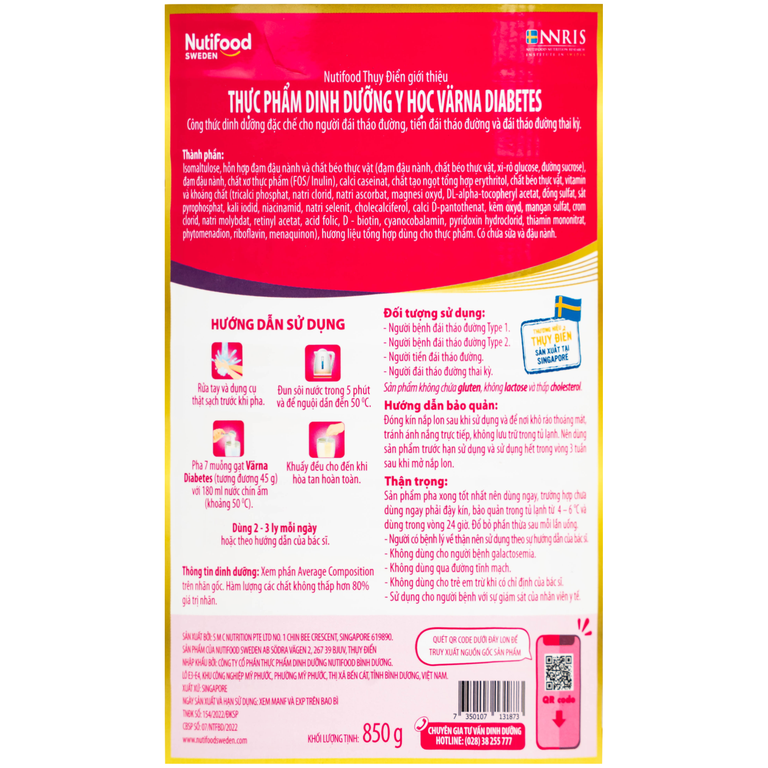 Sữa Nutifood Varna Diabetes chứa công thức dinh dưỡng cho người đái tháo đường (850g)