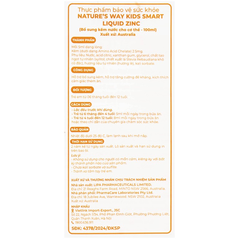 Natures Way Kids Smart Liquid Zinc bổ sung kẽm, tăng đề kháng, kích thích thèm ăn (100ml)