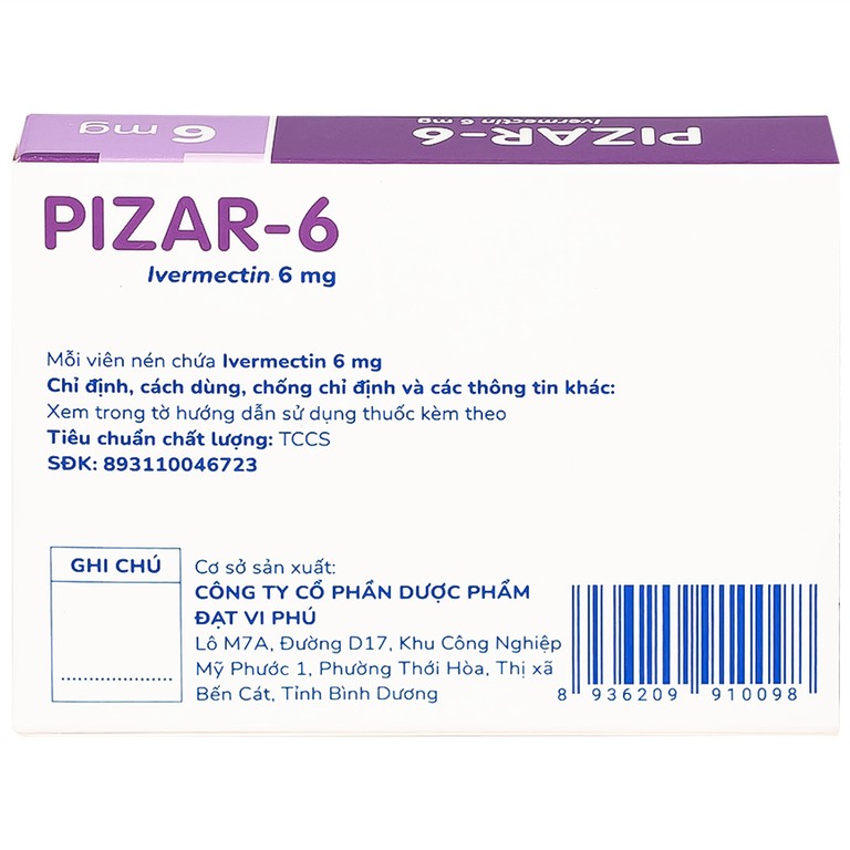 Viên nén Pizar-6 DaViPharm điều trị các bệnh nhiễm giun lươn, giun chỉ (1 vỉ x 4 viên)