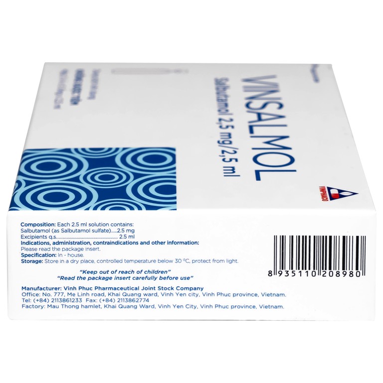 Thuốc Vinsalmol 2.5mg/2.5ml Vinphaco hỗ trợ kiểm soát co thắt phế quản mạn, hen ác tính (2 vỉ x 5 ống)