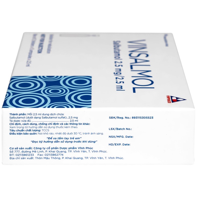 Thuốc Vinsalmol 2.5mg/2.5ml Vinphaco hỗ trợ kiểm soát co thắt phế quản mạn, hen ác tính (2 vỉ x 5 ống)
