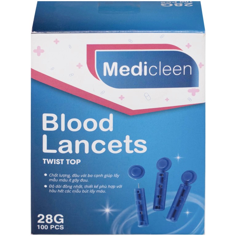 Kim lấy máu Lancet Medicleen BL-28 đầu vặn tiện lợi, đầu vát ba cạnh giảm đau khi sử dụng (100 cái)