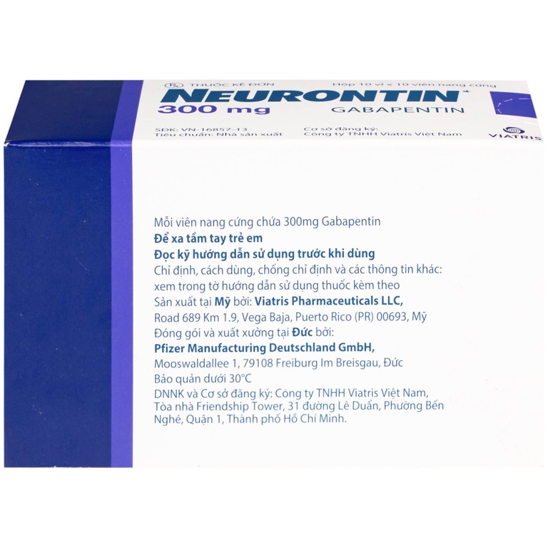 Viên nang cứng Neurontin 300mg VIATRIS điều trị hỗ trợ trong động kinh cục bộ (10 vỉ x 10 viên)