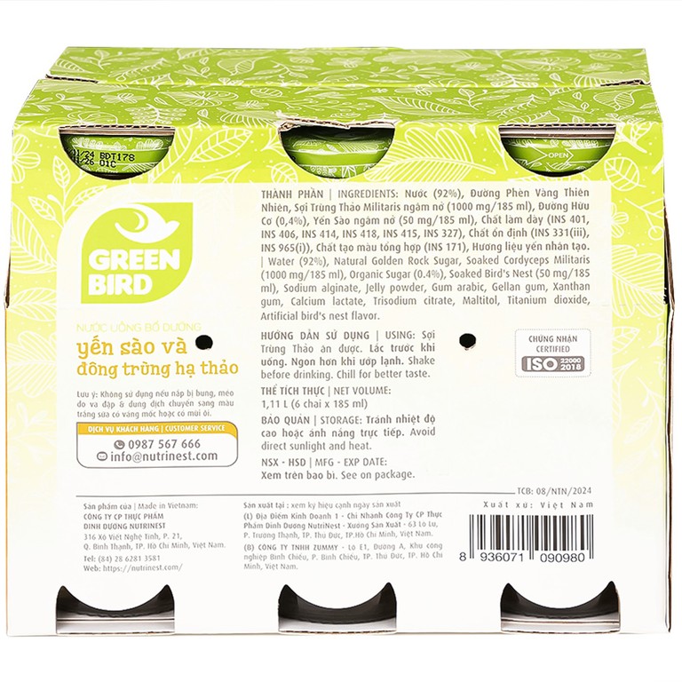 Nước Yến Sào Và Đông Trùng Hạ Thảo Greenbird (6 chai x 185ml)