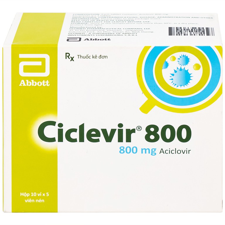 Thuốc Ciclevir 800 Abbott điều trị nhiễm virus Herpes simplex tuýp 1 và 2 (10 vỉ x 5 viên)