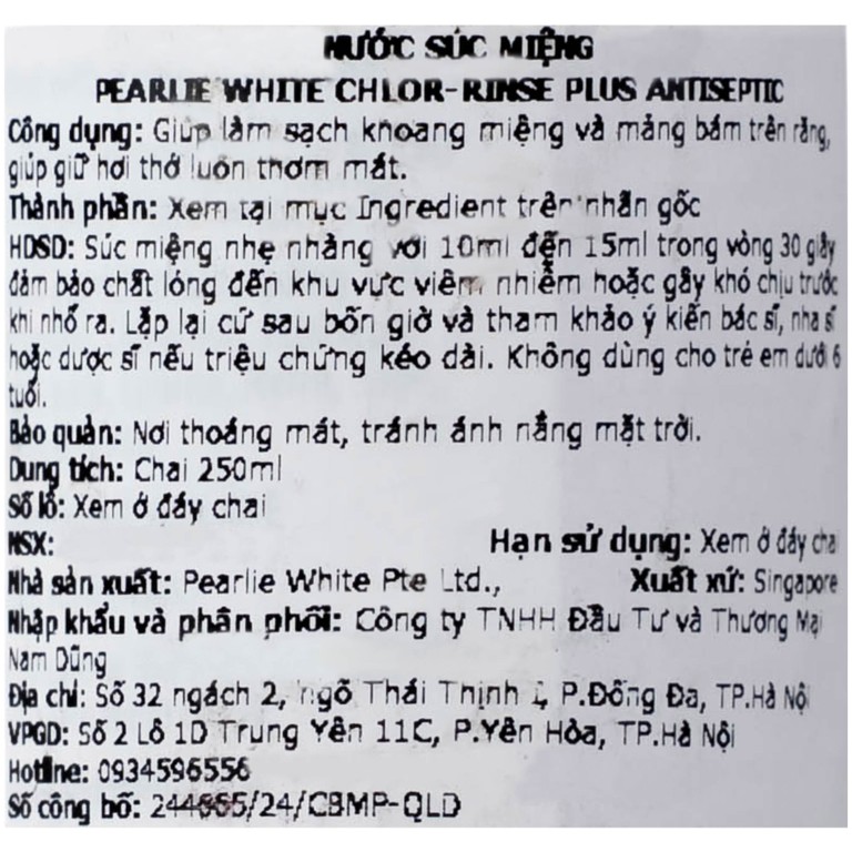 Nước Súc Miệng Pearlie White Chlor-Rinse Plus (250ml)