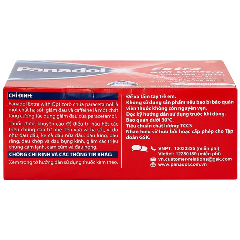 Viên nén Panadol Extra With Optizorb GSK giảm đau, hạ sốt nhanh, không gây buồn ngủ (12 vỉ x 10 viên)