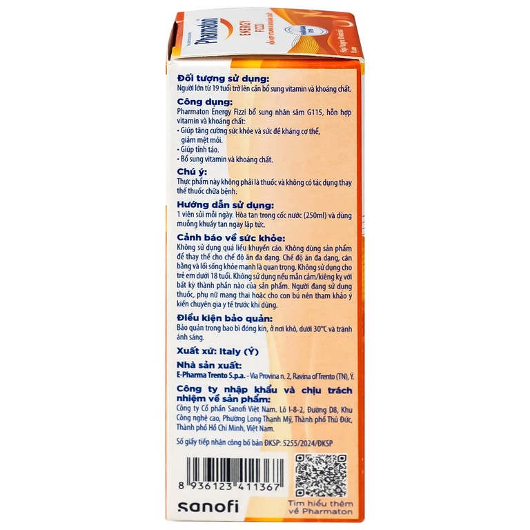 Thực phẩm bảo vệ sức khỏe Pharmaton Energy Fizzi Sanofi giúp tăng cường sức khỏe, sức đề kháng và giảm mệt mỏi (10 viên)