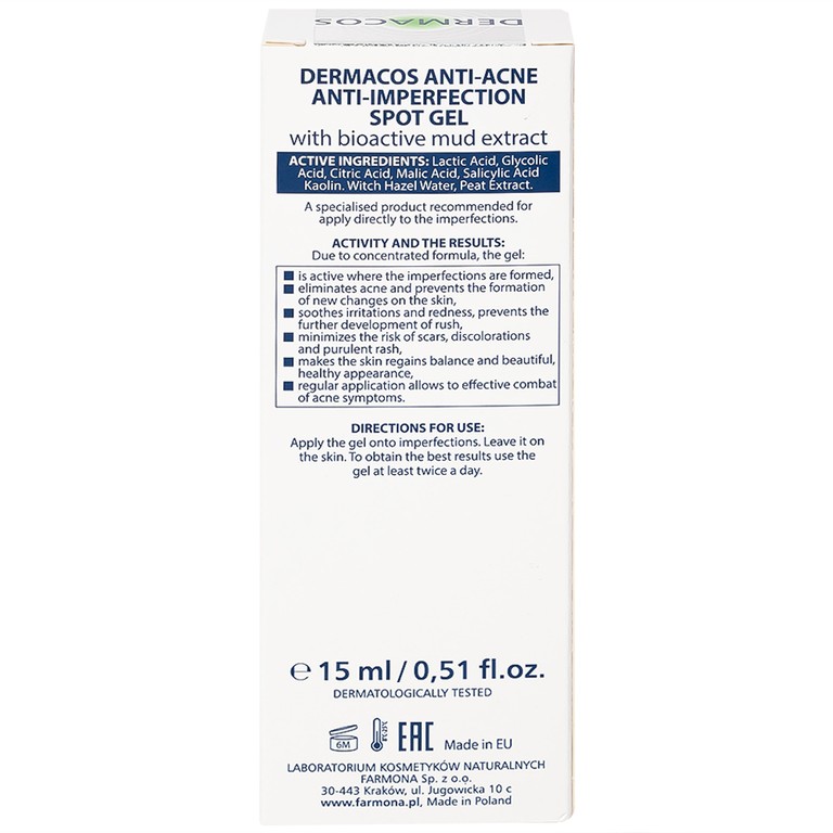 Gel chấm mụn Dermacos Anti-Acne Anti-Imperfection giúp khử khuẩn, giảm sẹo, chứa bùn hoạt tính (15ml)