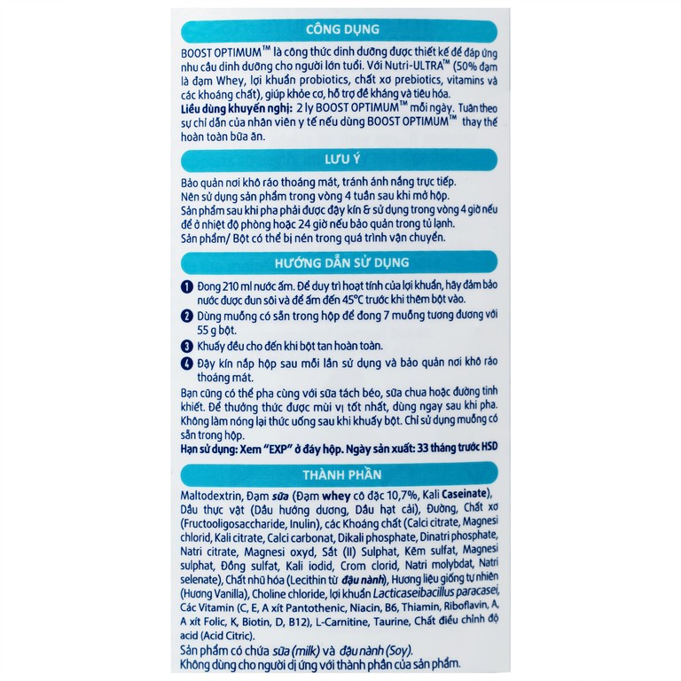 Sữa Boost Optimum Nestlé bổ sung vitamin, khoáng chất cho cơ thể (800g)