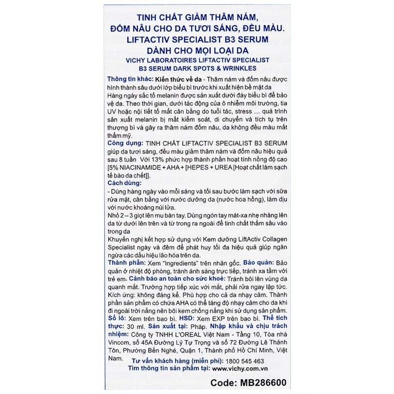 Tinh chất ngăn ngừa thâm nám, đốm nâu Liftactiv Specialist B3 Serum 30ml Vichy