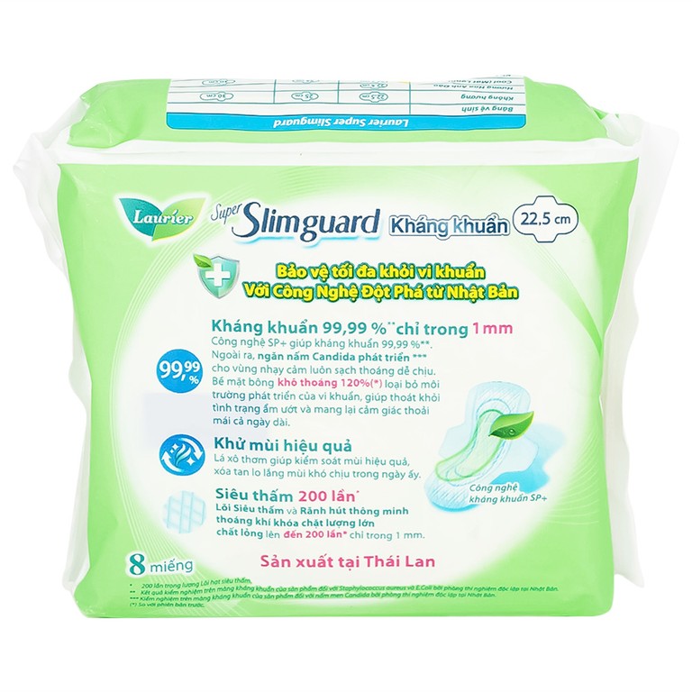 Băng vệ sinh Laurier Super Slimguard Kao kháng khuẩn 99,99%, ngăn nấm Candida (1mm - 8 miếng)