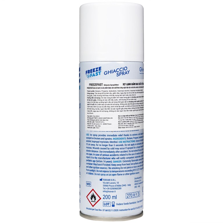 Chai xịt lạnh giảm đau Freezefast Ghiaccio Spray Italia giúp giảm đau bong gân, căng cơ, giãn dây chằng (200ml)
