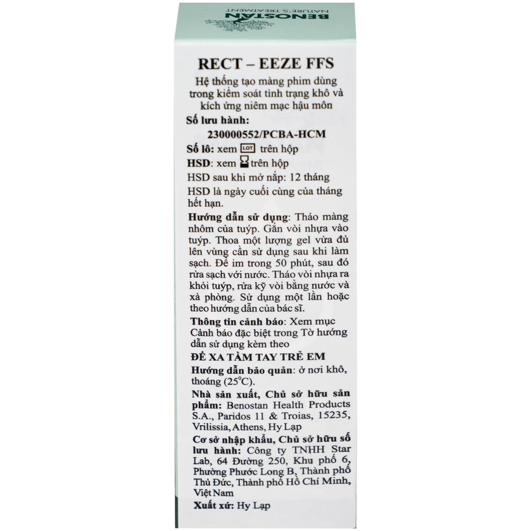 Gel bôi Benostan Rect-Eeze FFS kiểm soát khô và kích ứng niêm mạc hậu môn (30ml)