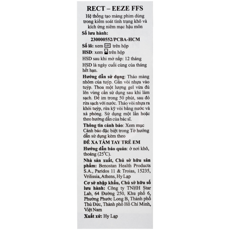 Gel bôi Benostan Rect-Eeze FFS kiểm soát khô và kích ứng niêm mạc hậu môn (30ml)