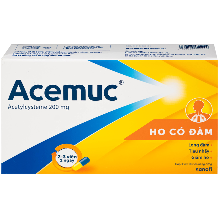 Thuốc Acemuc 200mg Sanofi long đàm, tiêu nhầy, giảm ho (3 vỉ x 10 viên)